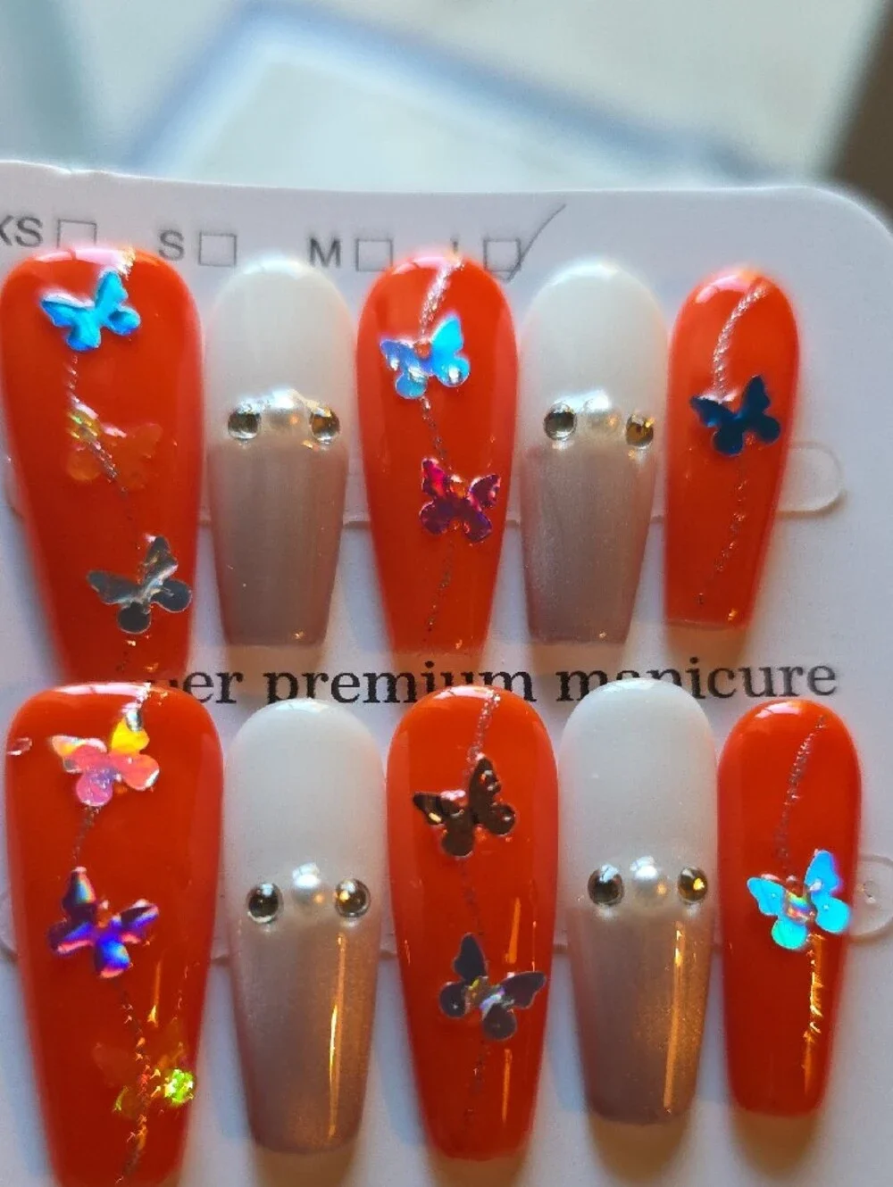 Orange Butterfly Press-On Nail Set by Size Large